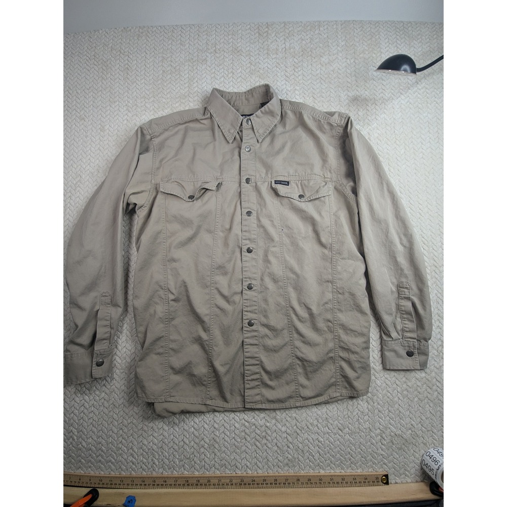 Harley‎ Davidson Button Up Shirt Mens Large L Khaki Long Sleeve Biker